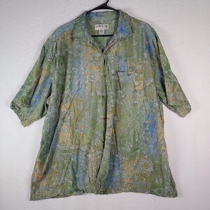 Orvis Rayon XL Men’s Camp Shirt Short Sleeve Button Front Green Tribal Aloha Cas